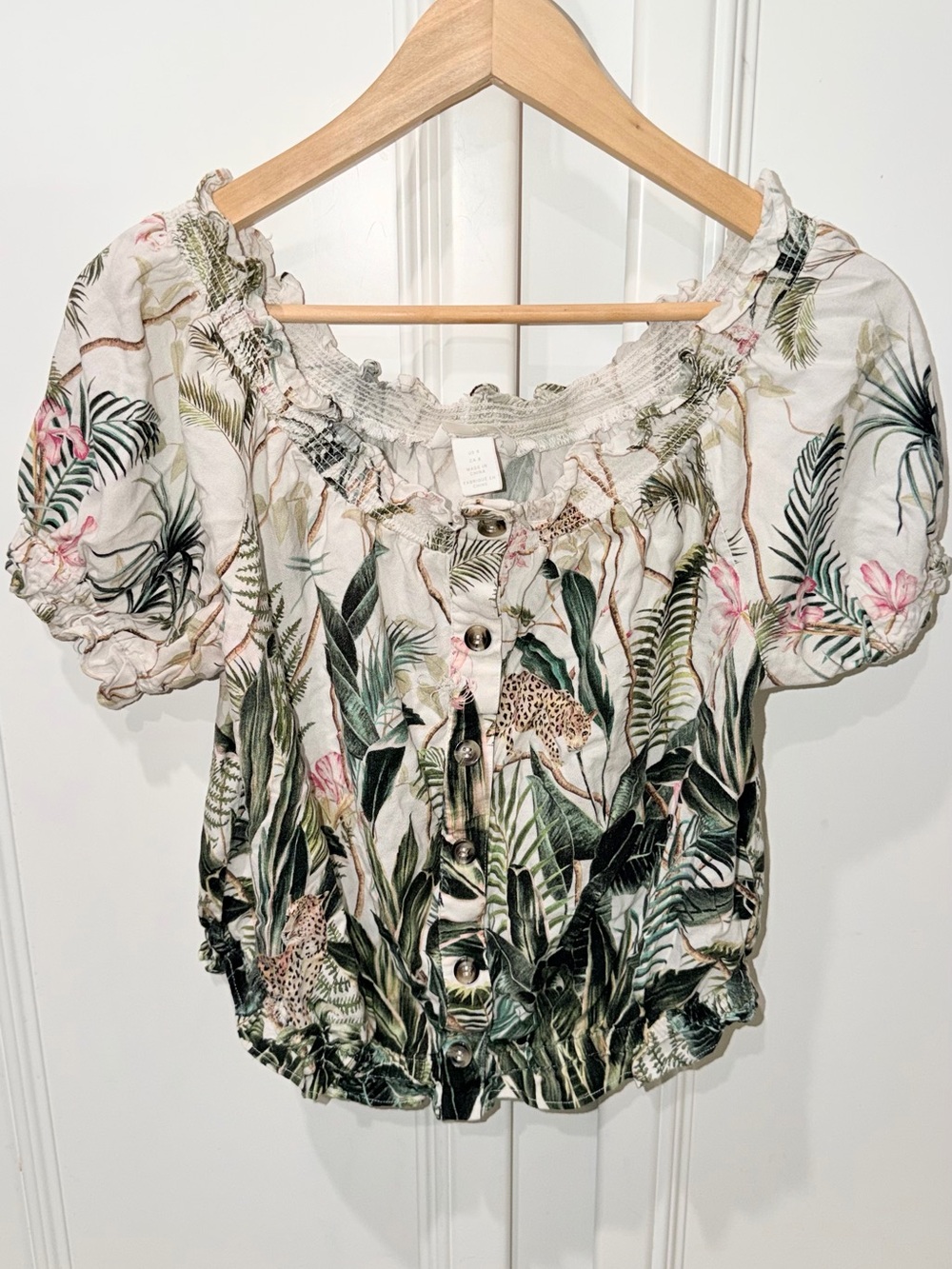 H&M White Tropical Off-Shoulder Button Front Blouse with Green and Pink Print